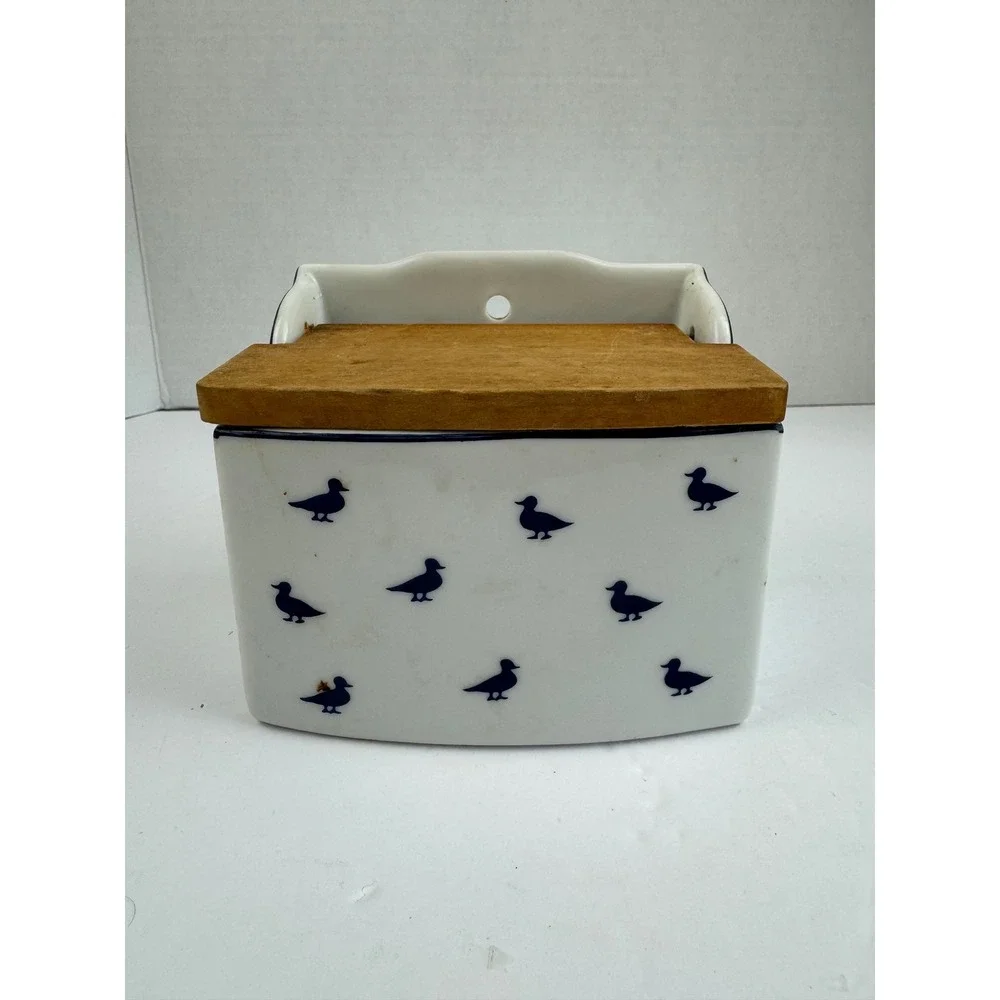 Vintage Shafford Blue Ducks Fine Porcelain Wall Hanging Salt Box Wooden Lid